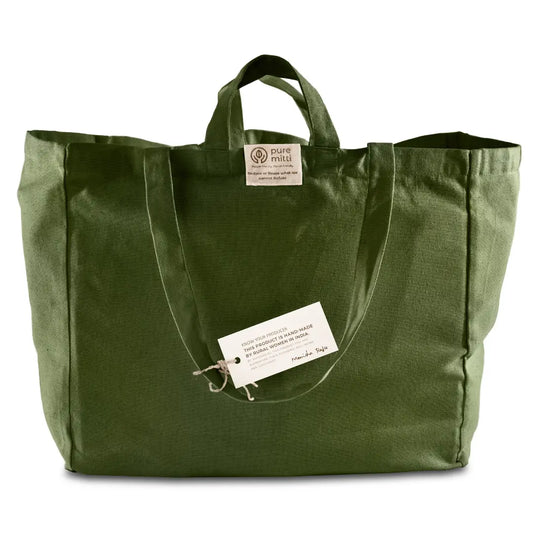 Multi-Pocket 100% Cotton Grocery Tote Bag - Sage Green